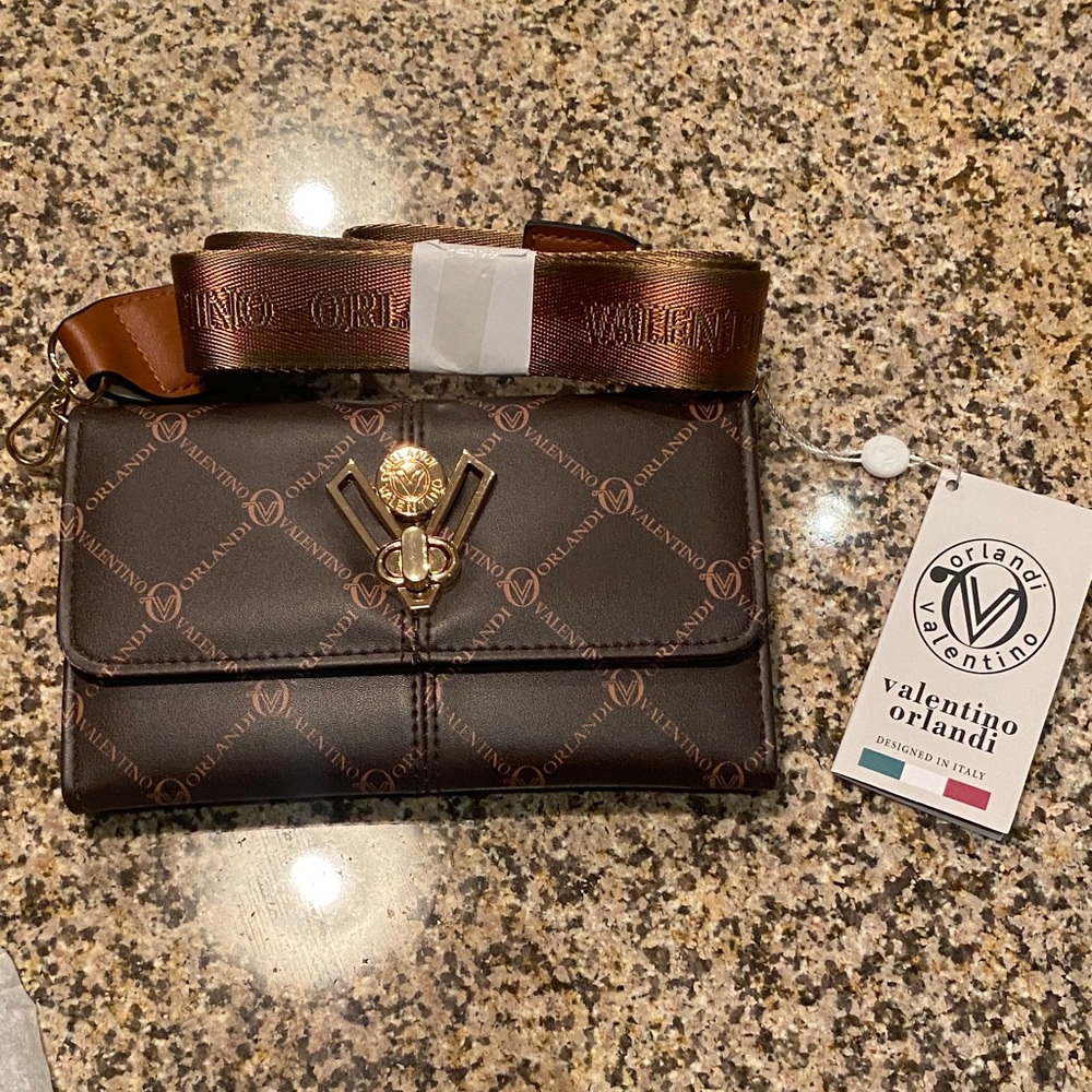 Valentino Orlandi Brown Logo Crossbody with Gold Twist Lock